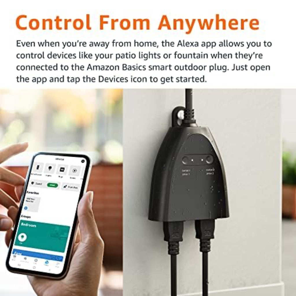 Amazon Basics Outdoor Smart Plug with 2 Individually Controlled Outlets, 2.4 GHz Wi-Fi, Works with Alexa Only - Black