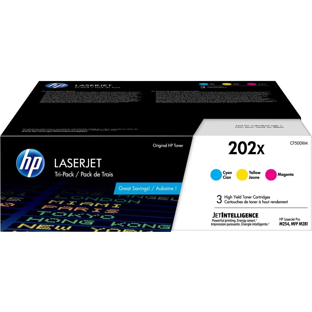 HP 202X Cyan, Magenta, Yellow High-Yield Toner Cartridges for HP Printers, 3pk