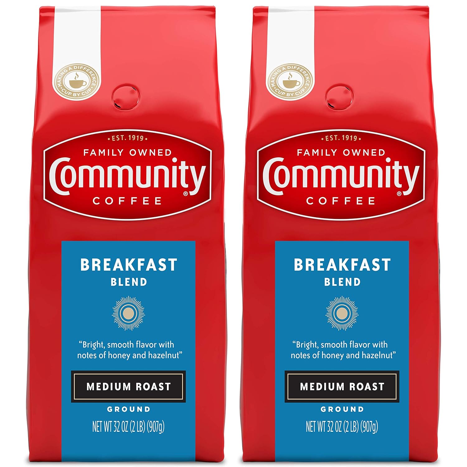 Community Coffee Breakfast Blend Medium Roast Premium Ground Coffee,  32 Ounces (Pack of 2)