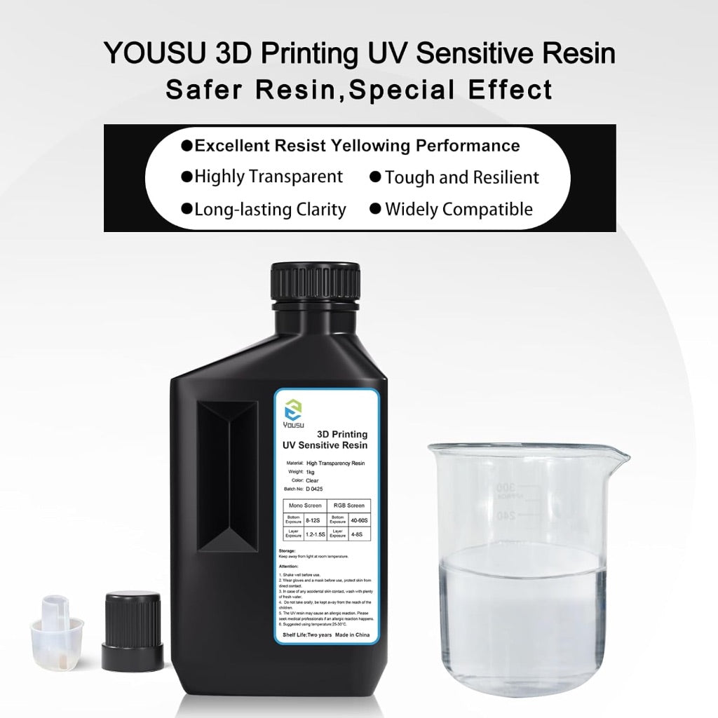 YOUSU High Transparency 3D Printer Resin, Non-Yellowing, Ultra Clear 405nm UV Resin for LCD/DLP/SLA - Clear (2.2 lbs)