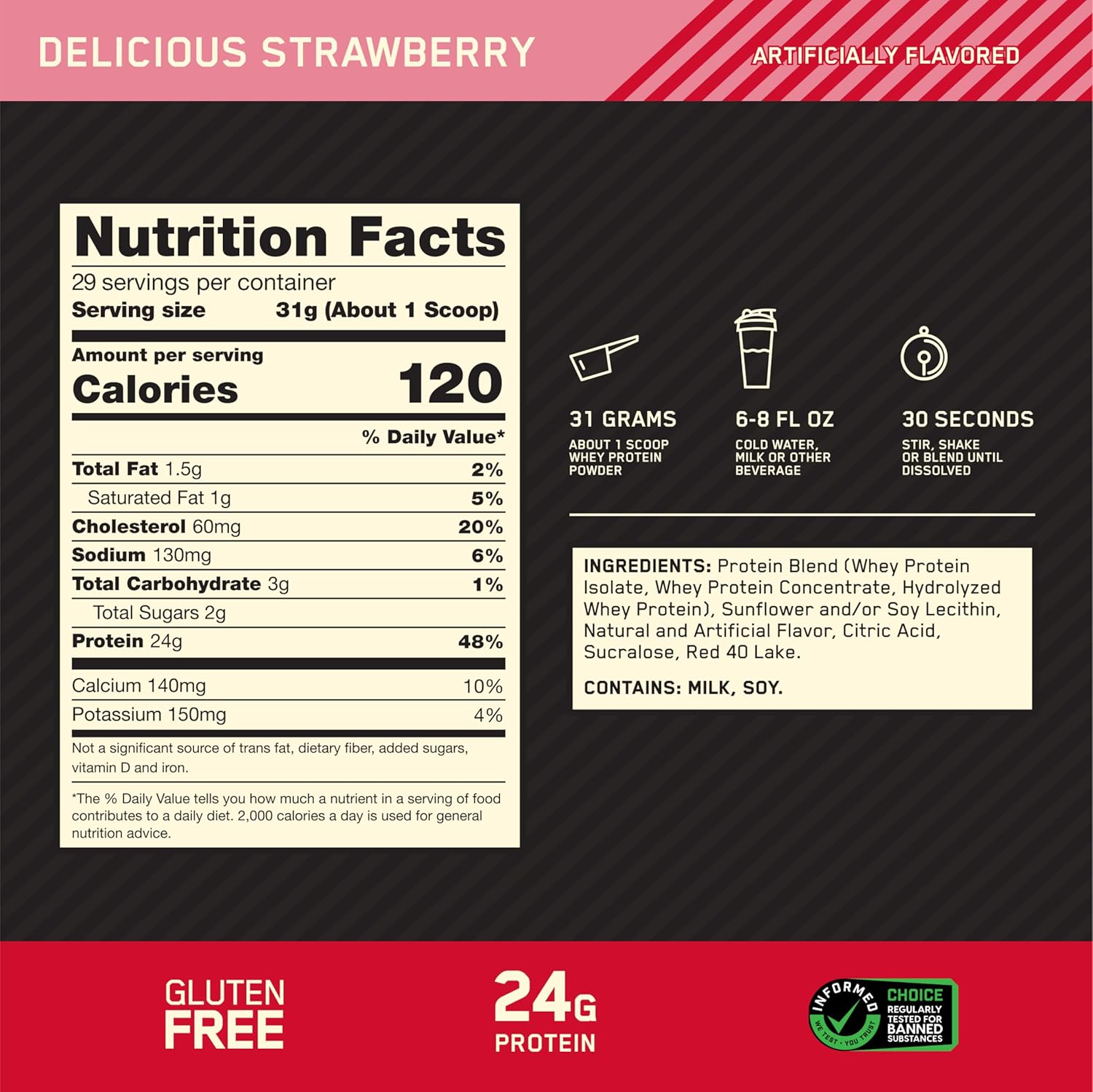 Optimum Nutrition Gold Standard 100% Whey Protein Powder - Delicious Strawberry, 2lb