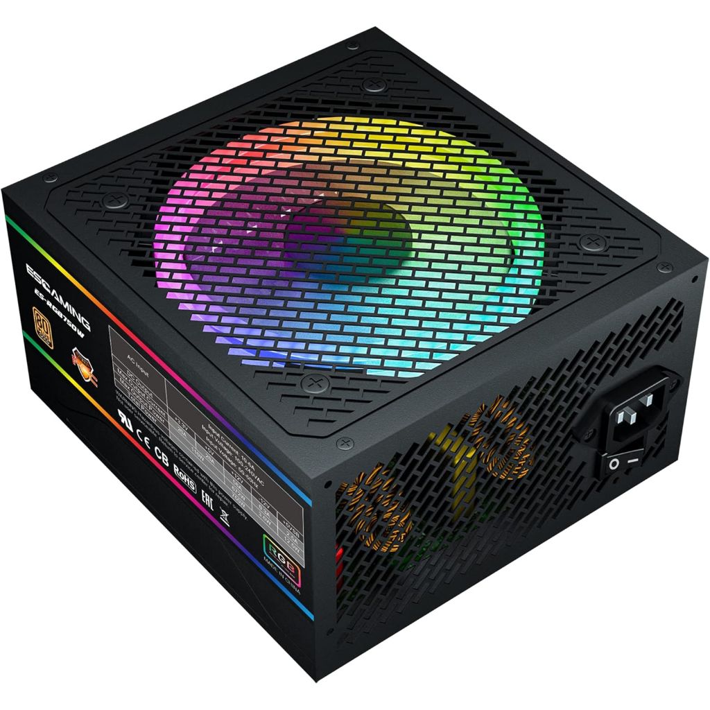 ESGaming ATX Power Supply, 750W Fully Modular w/ARGB Light, 80 Plus Gold, 120mm Silent RGB Fan, ES-RGB750W *Open Box*