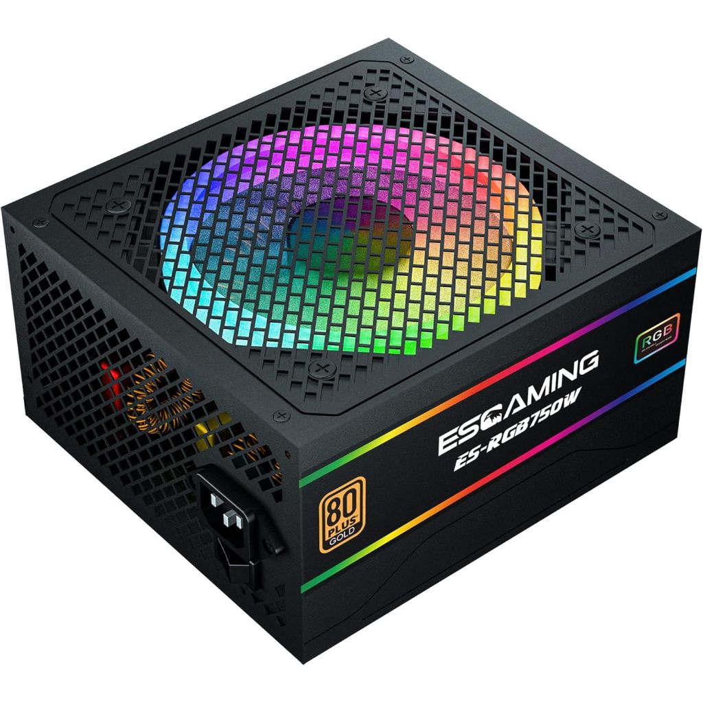 ESGaming ATX Power Supply, 750W Fully Modular w/ARGB Light, 80 Plus Gold, 120mm Silent RGB Fan, ES-RGB750W *Open Box*