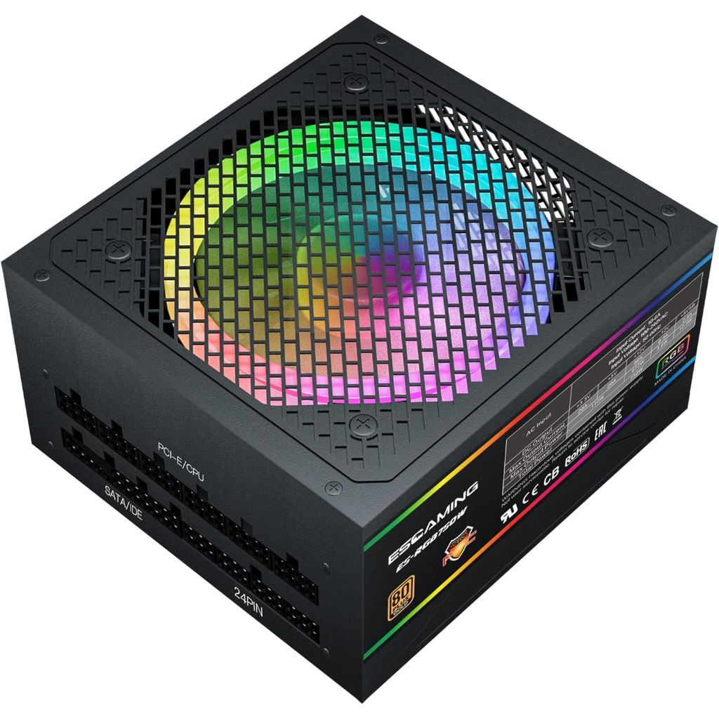 ESGaming ATX Power Supply, 750W Fully Modular w/ARGB Light, 80 Plus Gold, 120mm Silent RGB Fan, ES-RGB750W *Open Box*