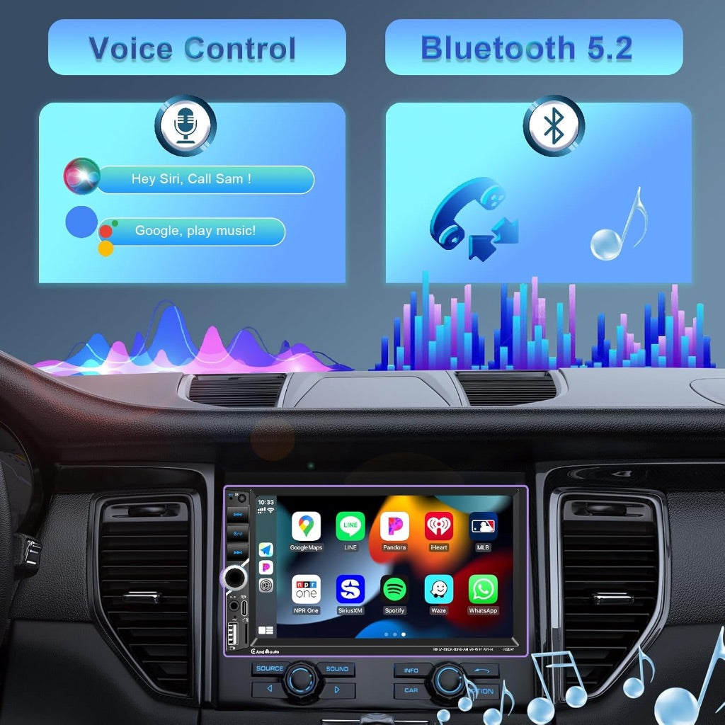 7'' Wireless Apple CarPlay Double Din Car Stereo with IPS HD Touchscreen, Bluetooth 5.2, FM Radio, Backup Camera, Android Auto, Mirror Link, USB/Type-C/AUX/TF,180W Audio Subwoofer Output