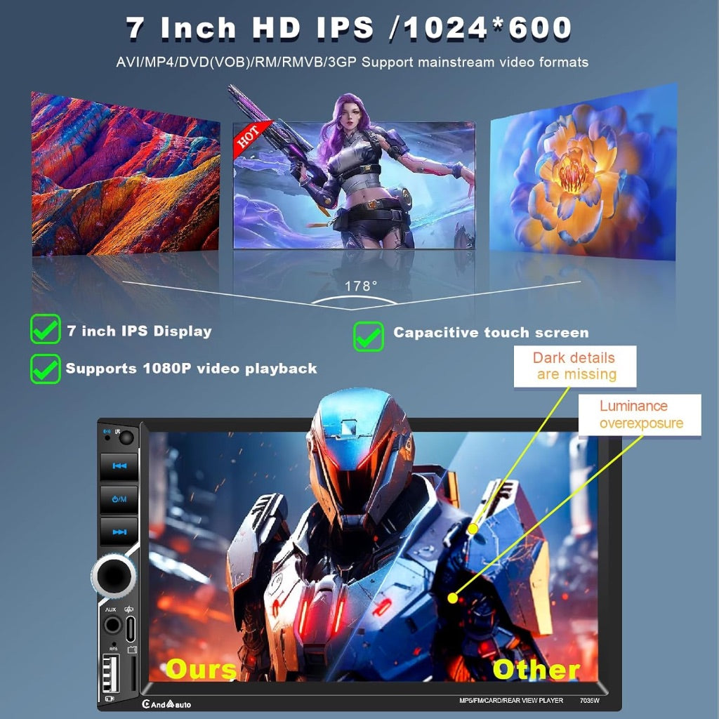 7'' Wireless Apple CarPlay Double Din Car Stereo with IPS HD Touchscreen, Bluetooth 5.2, FM Radio, Backup Camera, Android Auto, Mirror Link, USB/Type-C/AUX/TF,180W Audio Subwoofer Output