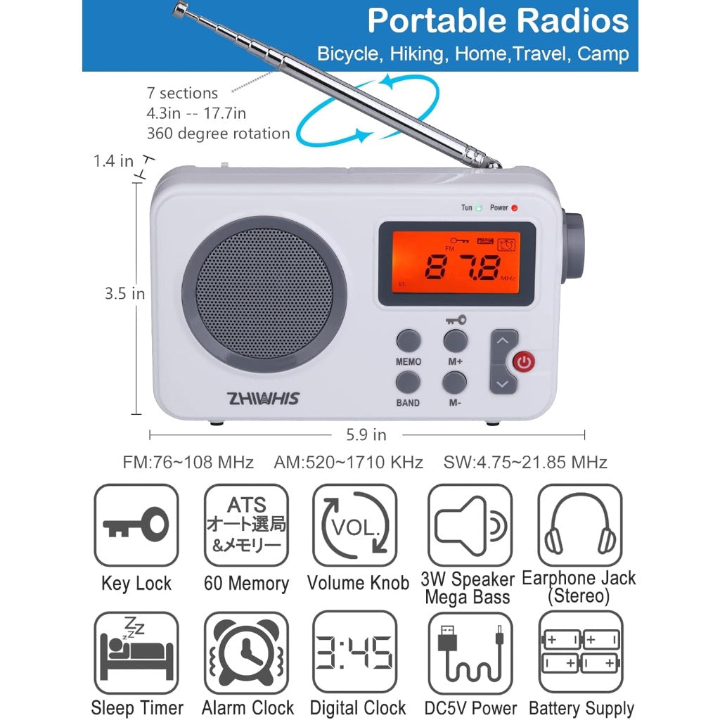 Portable AM/FM Radio, Battery-Op Shortwave Digital Tuner with Clock, Sleep Timer, Preset Function ZWS-8801