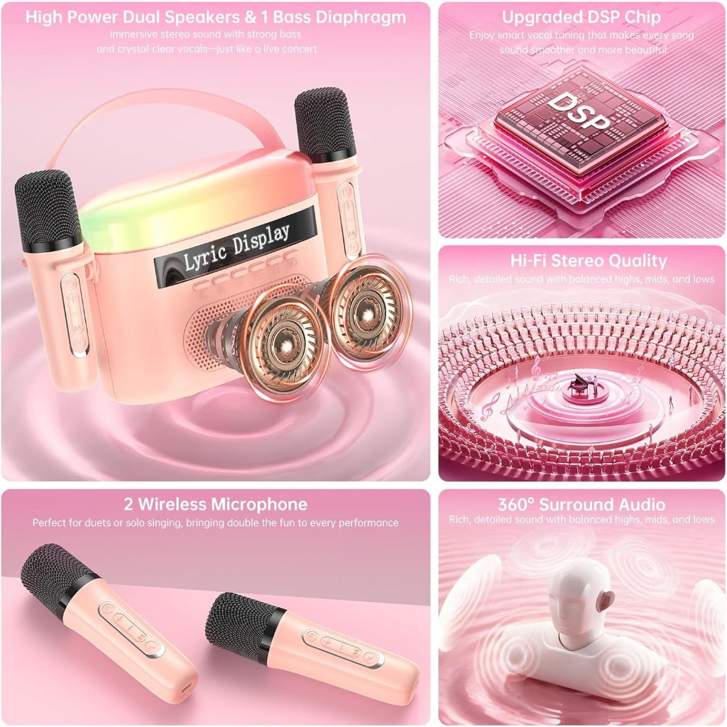 Karaoke Machine with Lyrics Display Screen, Bluetooth - Pink