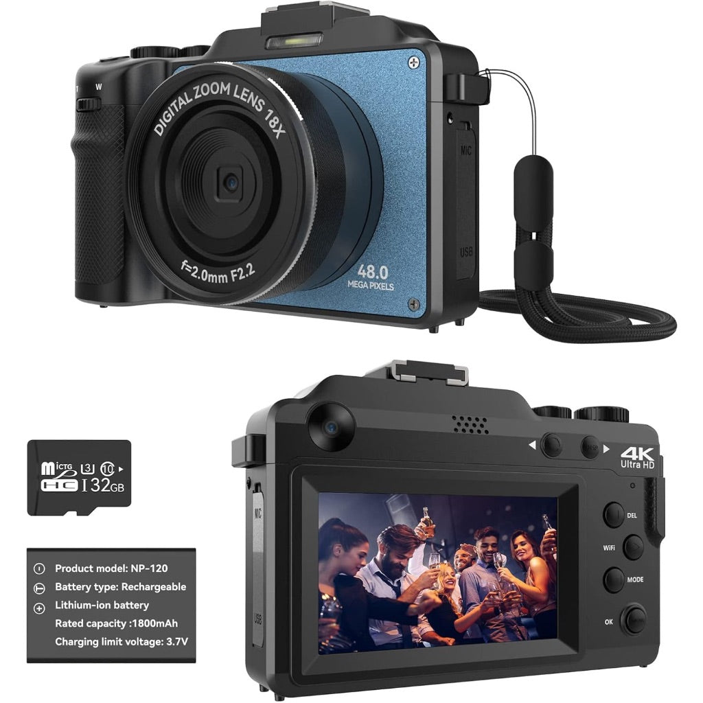 Oiexi 48MP 4K Digital Camera with Front and Rear Dual Cameras, 18X Digital Zoom, Built-in 7 Color Filters, 3" Screen, 32GB TF Card - Ultramarine Blue