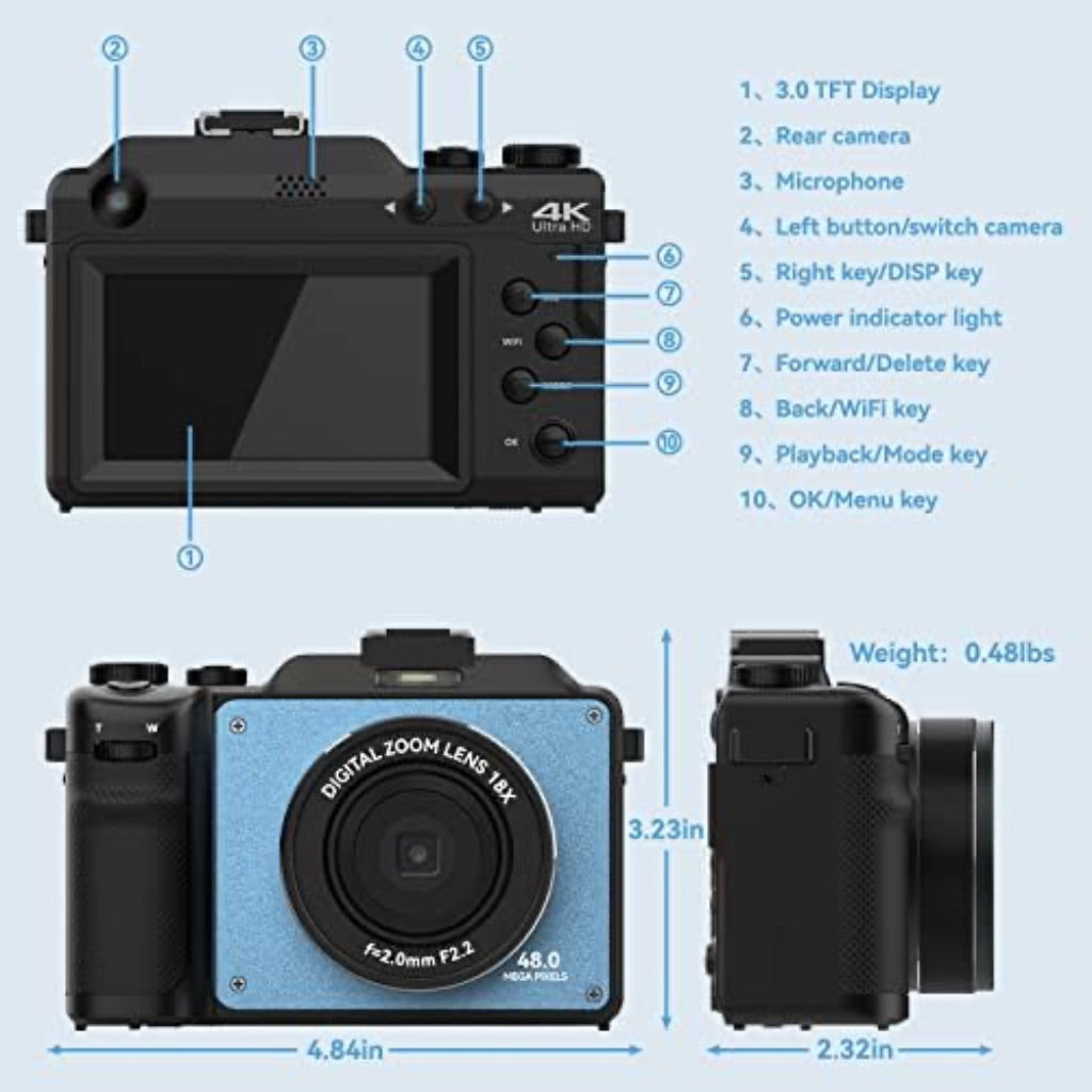 Oiexi 48MP 4K Digital Camera with Front and Rear Dual Cameras, 18X Digital Zoom, Built-in 7 Color Filters, 3" Screen, 32GB TF Card - Ultramarine Blue