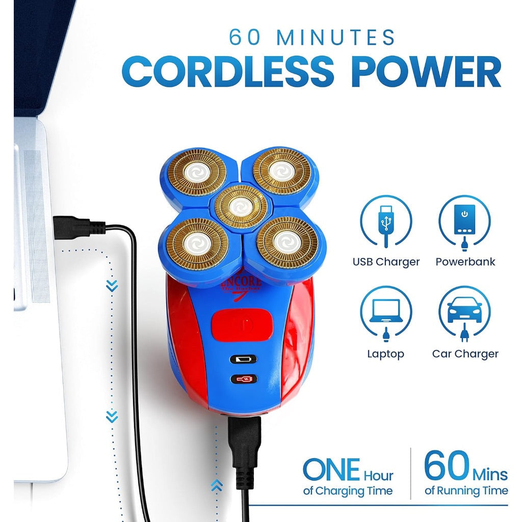 Encore the Barber 360 Bald Head Shaver with 5 Attachments, Rechargeable Wet Or Dry Shaver with Pop-up Beard Moustache Trimmer