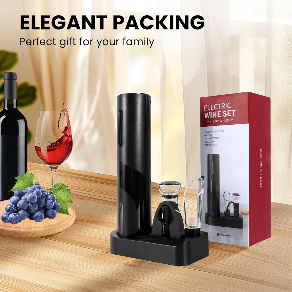 SOPPY Electric Wine Opene with Electric Vacuum Pump, Charging Station, Foil Cutter, Wine Aerator Pourer, Type-C Rechargeable