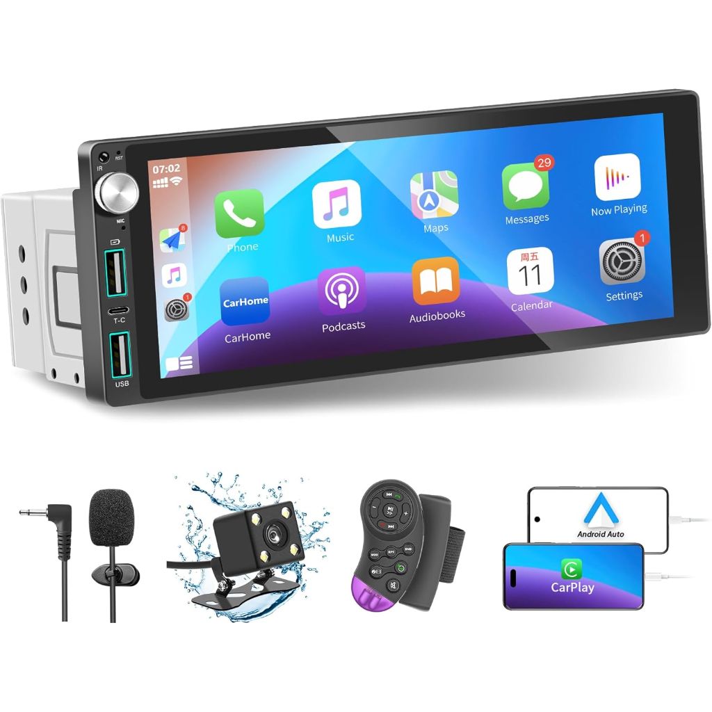 Single Din Car Stereo with Apple Carplay Android Auto w/6.9" IPS Touch Screen, Backup Camera, Supports Mirror Link