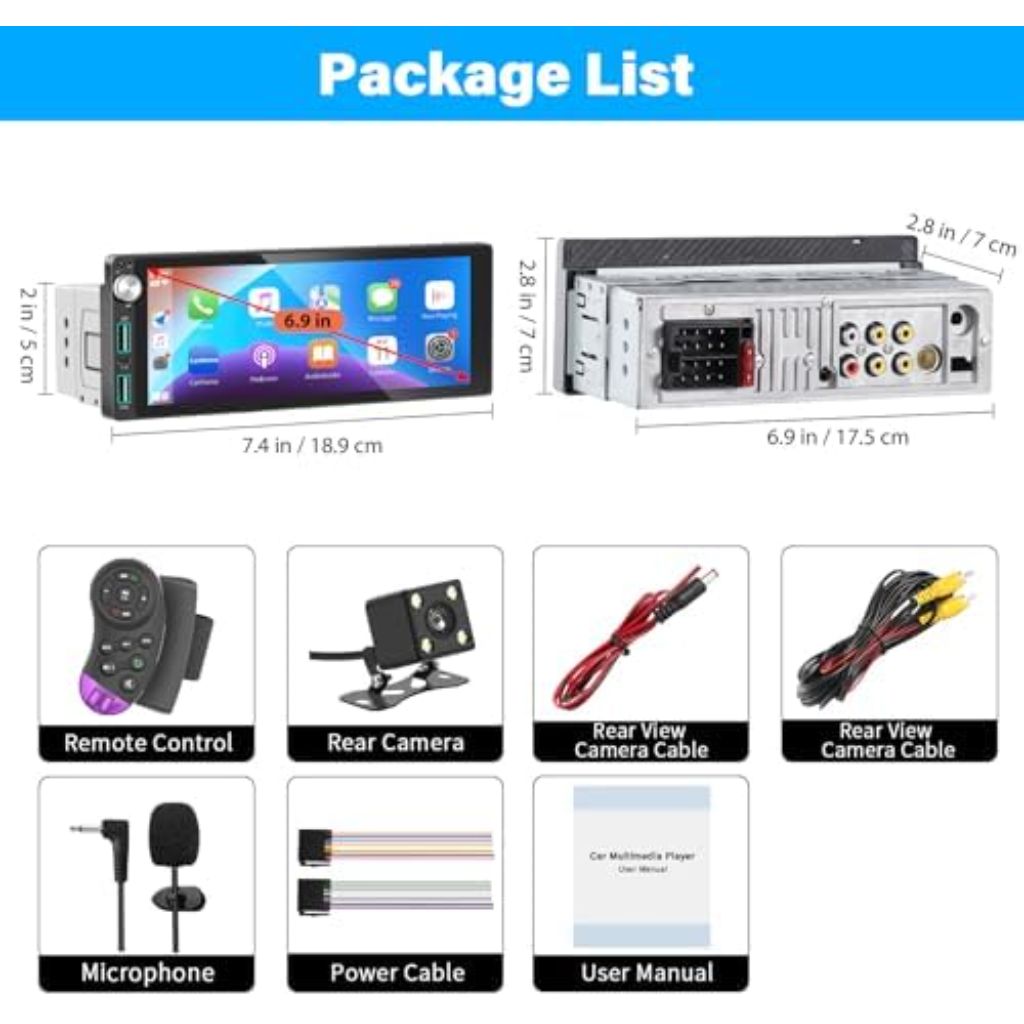 Single Din Car Stereo with Apple Carplay Android Auto w/6.9" IPS Touch Screen, Backup Camera, Supports Mirror Link