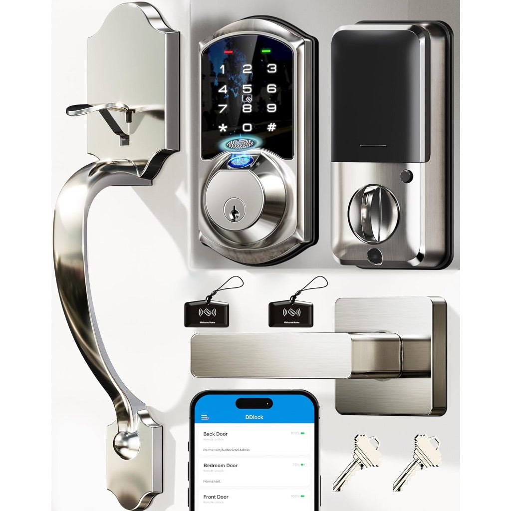 Veise VE07-H Fingerprint Smart Lock with Handle for Front Door, App Control, Keyless Entry Keypad Deadbolt, Digital Electronic Touchscreen - Satin Nickel