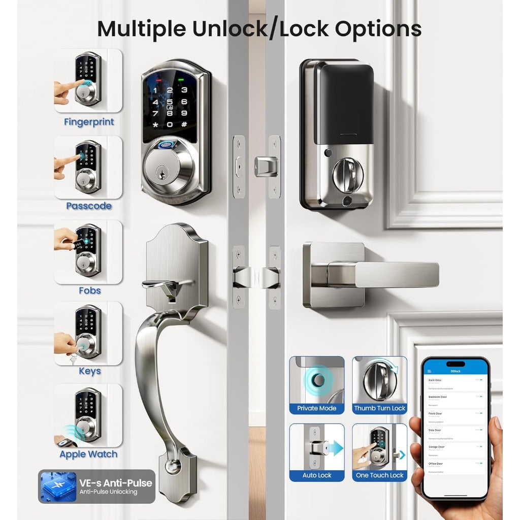 Veise VE07-H Fingerprint Smart Lock with Handle for Front Door, App Control, Keyless Entry Keypad Deadbolt, Digital Electronic Touchscreen - Satin Nickel
