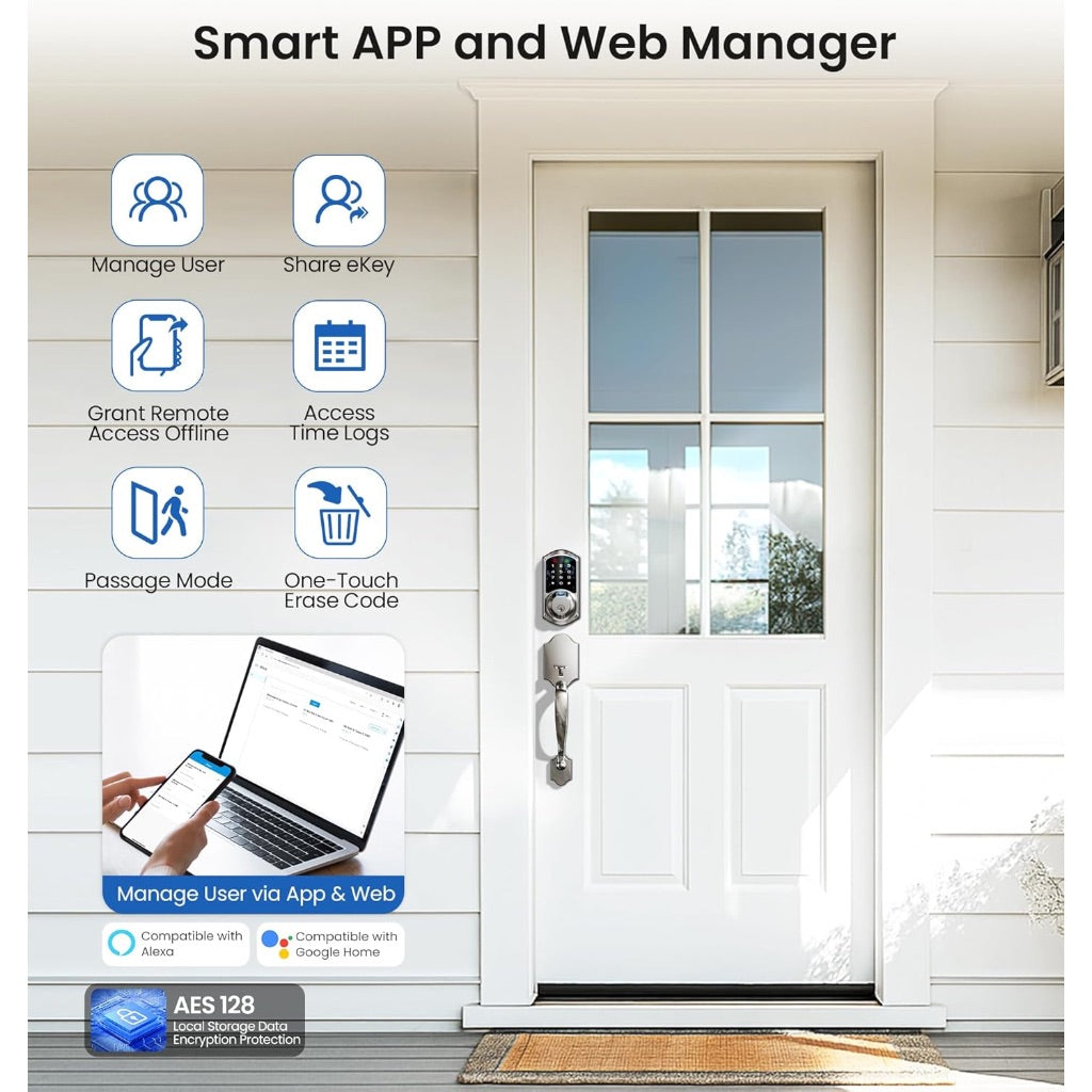 Veise VE07-H Fingerprint Smart Lock with Handle for Front Door, App Control, Keyless Entry Keypad Deadbolt, Digital Electronic Touchscreen - Satin Nickel