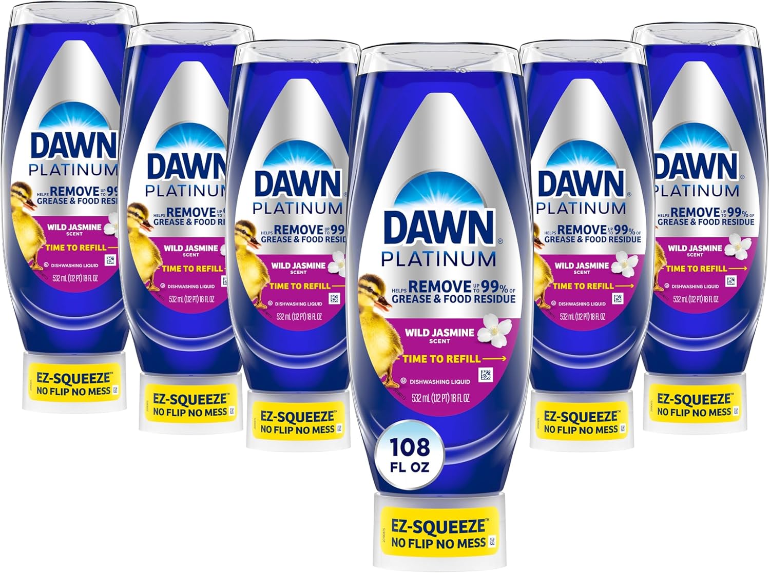 Dawn Platinum EZ-Squeeze Dish Soap Liquid, Upside Down Bottle - Wild Jasmine, 18 fl. oz. (6 Pack)