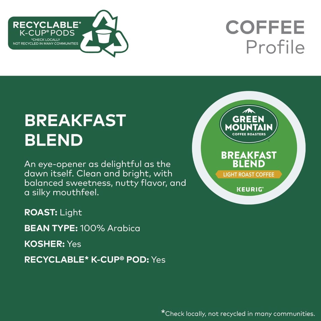 Green Mountain Roasters Breakfast Blend Keurig K-Cup Coffee Pods, 72ct (Bulk)