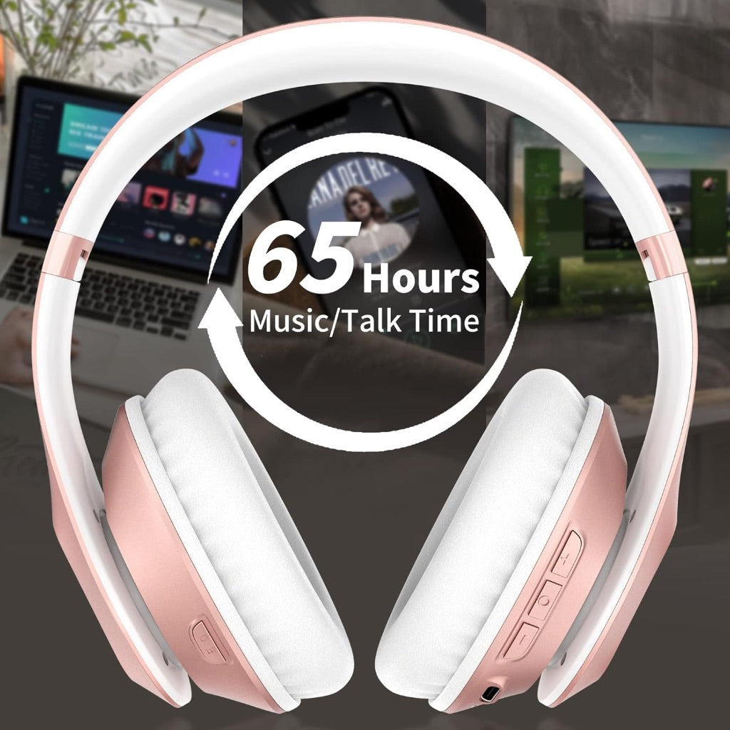 Wireless Bluetooth Over Ear Headphones, 65H Playtime HiFi Stereo w/Microphone and 6EQ Modes, Foldable - Rose Gold