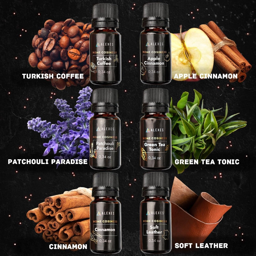 Scented Oil Gift Set of 6, 10mL Scented Oils - Apple Cinnamon, Turkish Coffee, Patchouli Paradise, Soft Leather, Cinnamon, Green Tea Tonic
