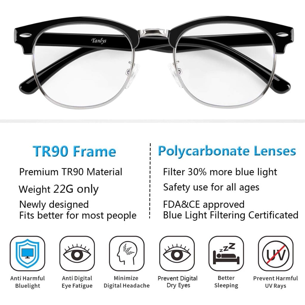 Tanlys Unisex Adult Blue Light Blocking Glasses - 2 Pack (Black, Tortoise) 50/20/135