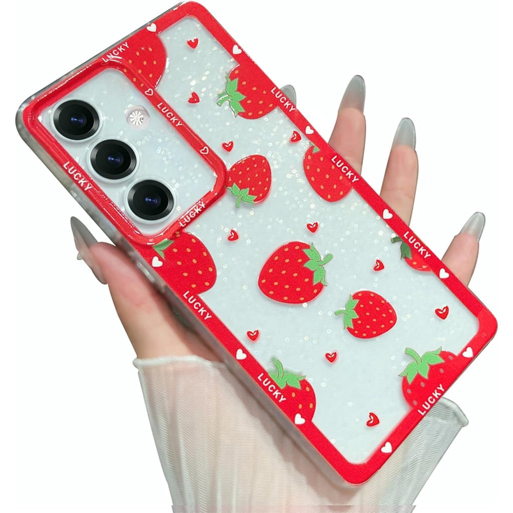 for Samsung Galaxy S25 Case Clear Silicone Sparkle Bling Glitter Girly Aesthetic Women Trendy Cute Shockproof Protective Flexible Phone Case for Samsung Galayx S25 Hot Pink Strawberry