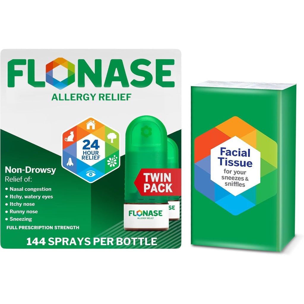 Flonase Allergy Relief Nasal Spray, 24-Hour Non-Drowsy Multi-Symptom Relief 144 Sprays (Pack of 2) plus Bonus Pack of Tissues
