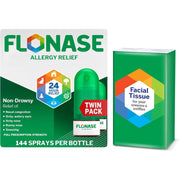 Flonase Allergy Relief Nasal Spray, 24-Hour Non-Drowsy Multi-Symptom Relief 144 Sprays (Pack of 2) plus Bonus Pack of Tissues