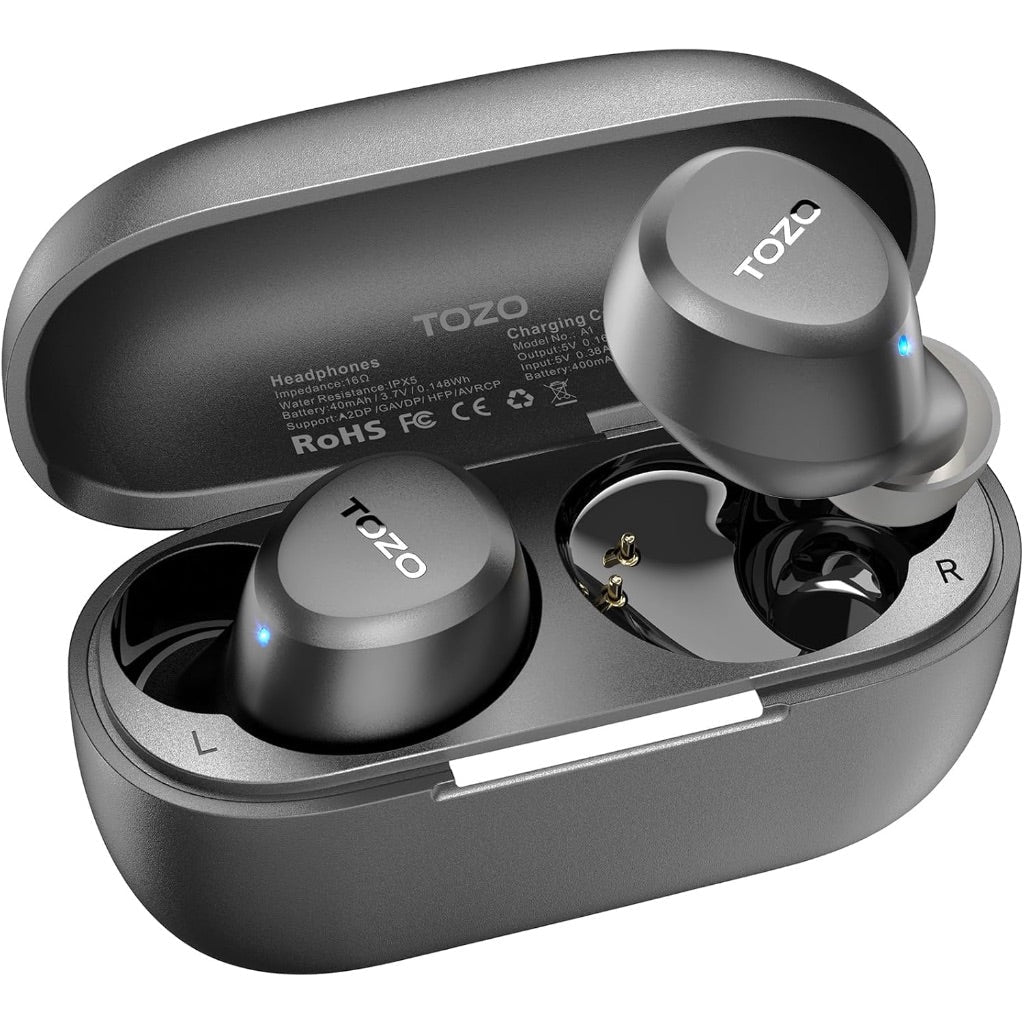TOZO A1 Wireless Bluetooth Earbuds, IPX5 Waterproof, 2 Mics for AI Calls, Charging Case - Gray