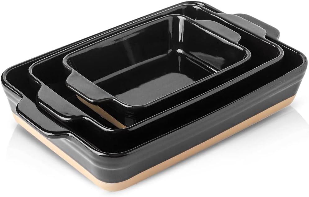 HVH 3 Piece Ceramic Baking Dish Set, 13x9, 11x7, 8x6 - Classic Farmhouse Style, Black