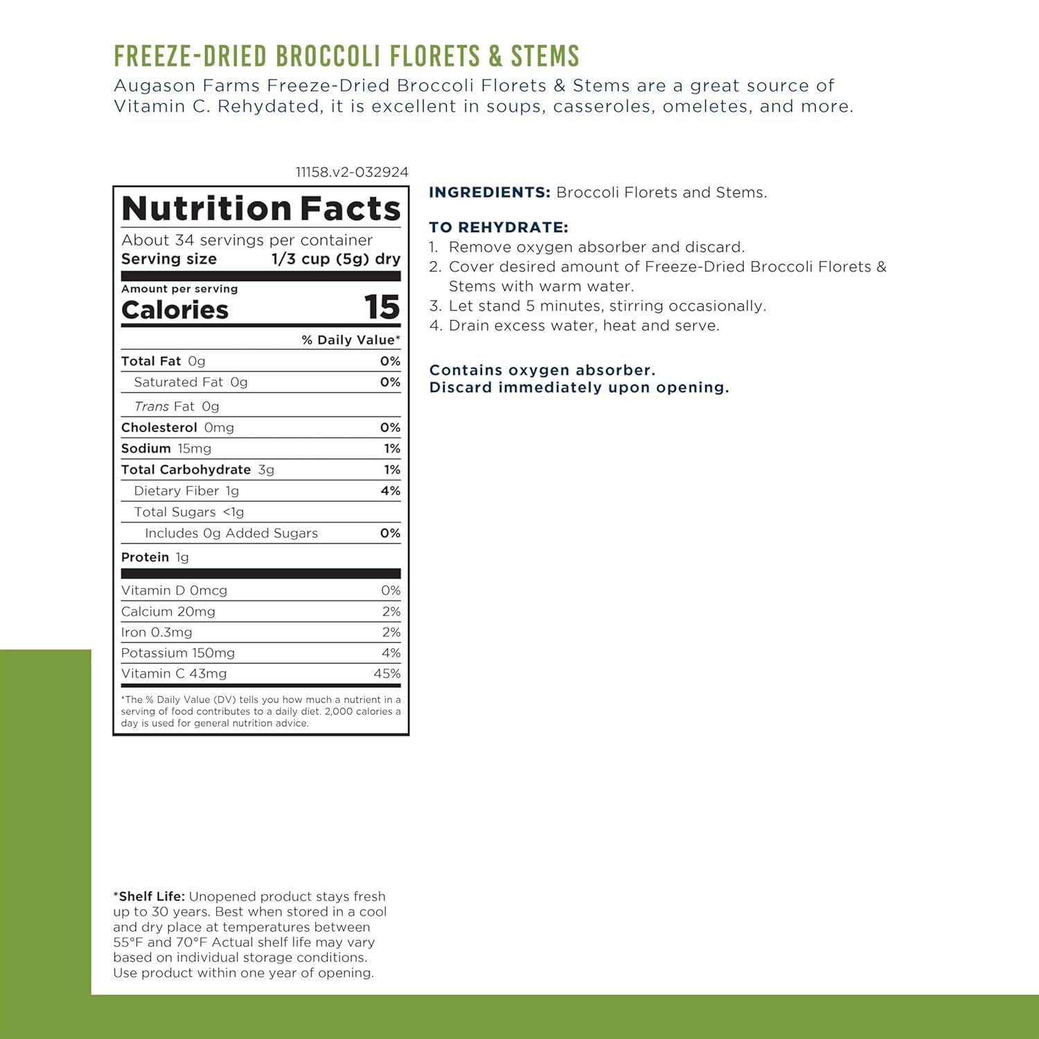 Augason Farms Freeze-Dried Broccoli Florets & Stems, 6oz / 34 Servings