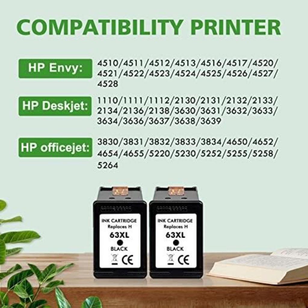 63XL High-Yield Black Ink Cartridge Twin Pack - Compatible with HP Envy, OfficeJet, and DeskJet Printers