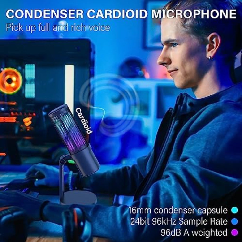 ANSTEN Gaming Mic, USB Condenser Microphone for PC/Mac, PS4/5, RGB, Mute Touch, Pop Filter, Gain Knob