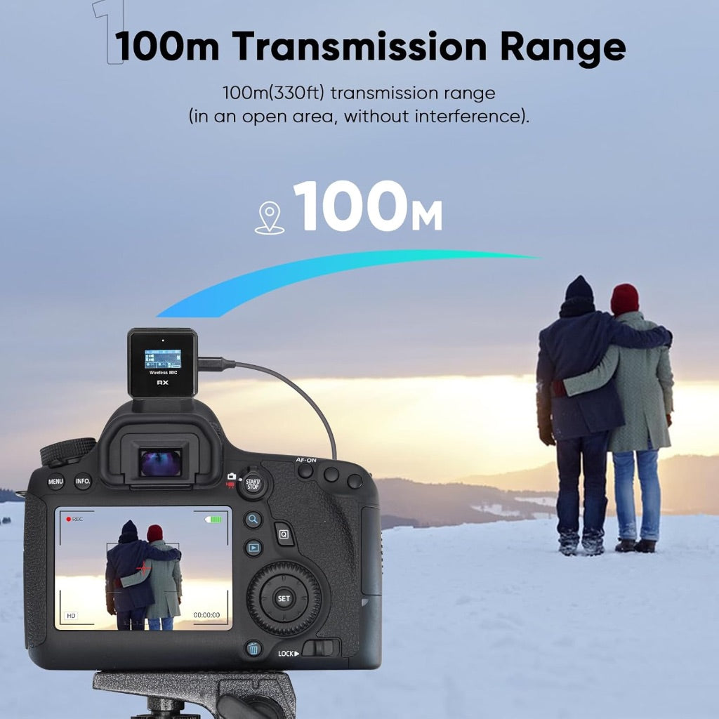 Wireless Lavalier Microphone, 100m Range, Bluetooth, 24-Hour Battery, Noise Cancellation