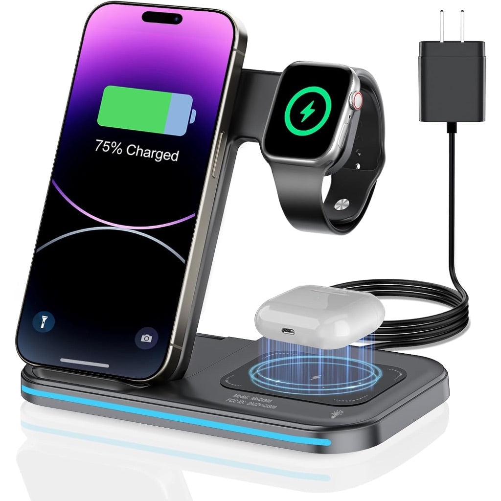 3-in-1 Wireless Charging Station Stand for Multiple Devices with Quick Charge - Black