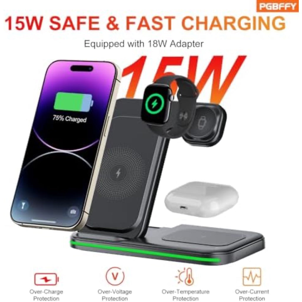 3-in-1 Wireless Charging Station Stand for Multiple Devices with Quick Charge - Black