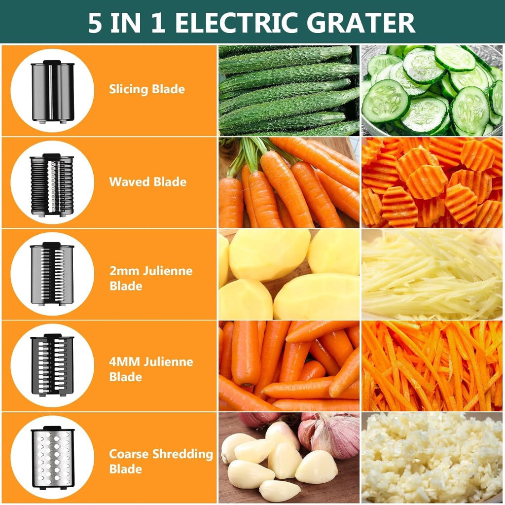 5-in-1 Electric Cheese Grater, 250W Professional Automatic Shredder with 5 Swappable Blades