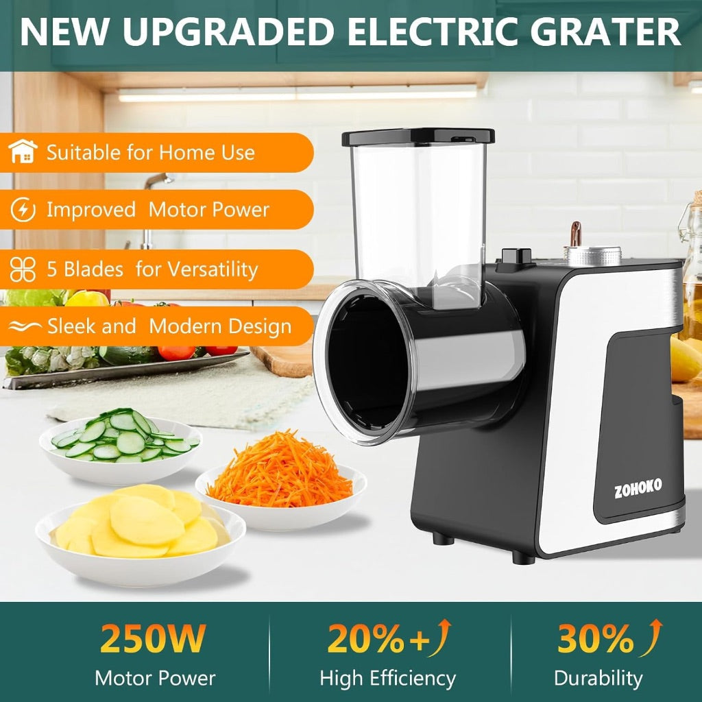5-in-1 Electric Cheese Grater, 250W Professional Automatic Shredder with 5 Swappable Blades