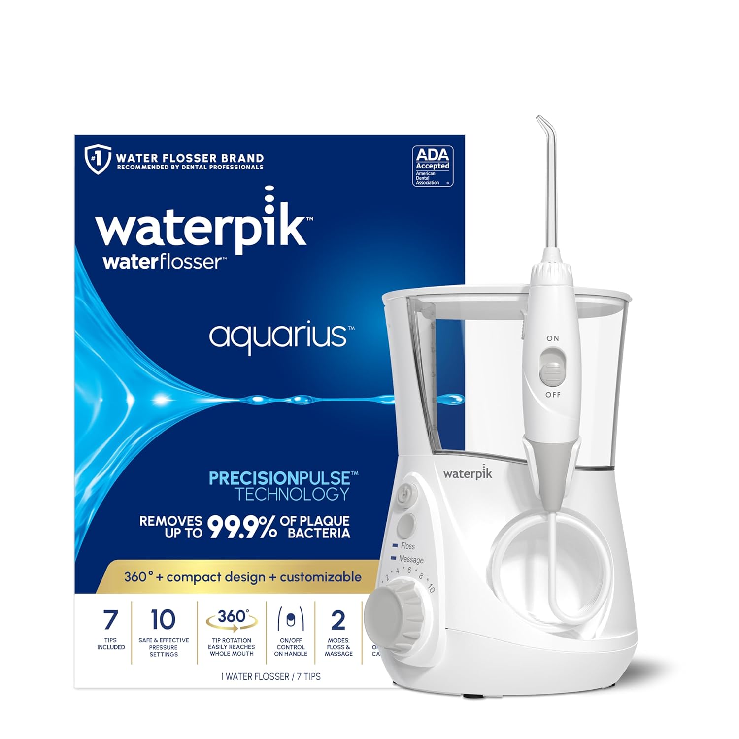 Waterpik Aquarius Water Flosser with 10 Settings, 7 Tips - White