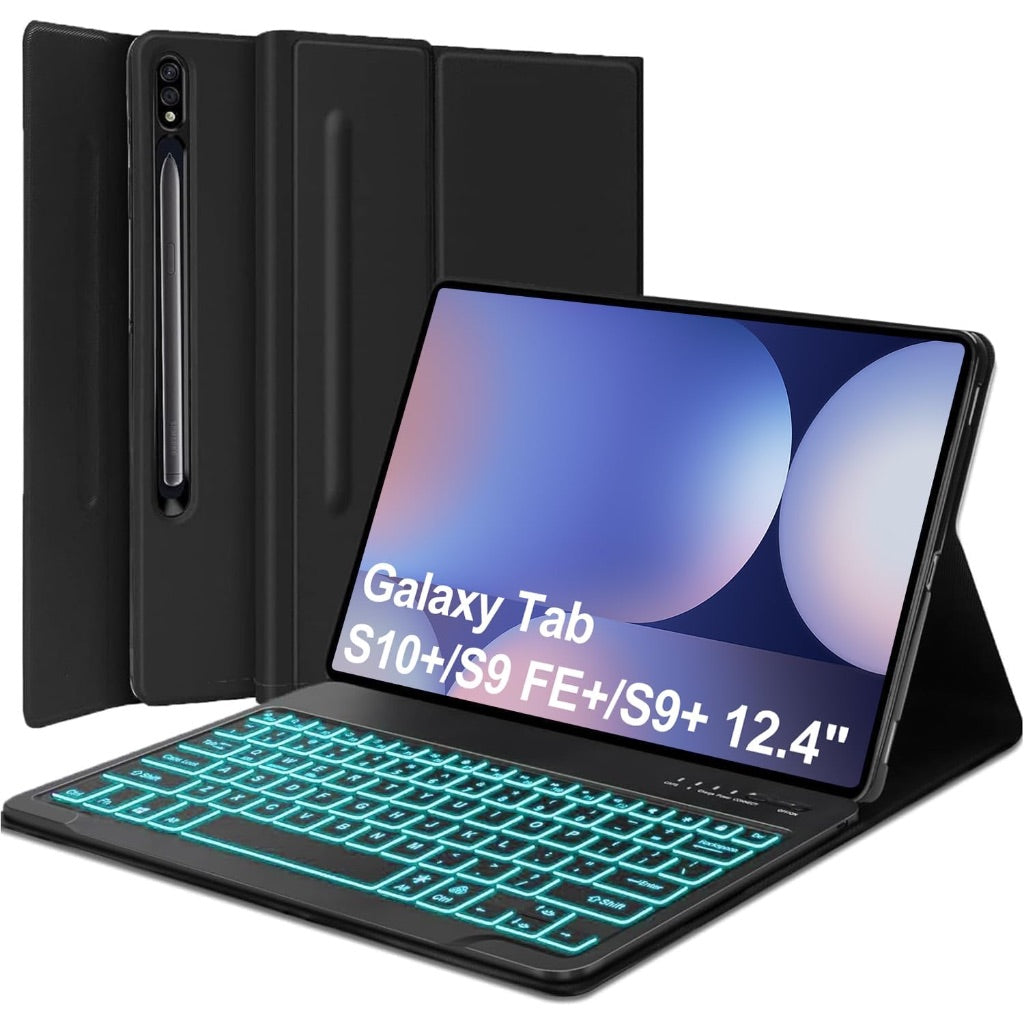 FARYODI Keyboard Case for Samsung Galaxy S10 Plus and Tab S9 FE+ 5G (12.4-inch), Detachable Magnetic Wireless Keyboard with S Pen Holder - Black