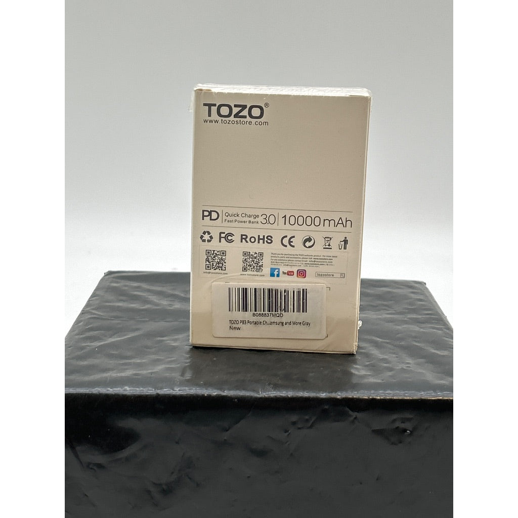 TOZO PB3 10000mAh Portable Power Bank Charger with USB-C Input/Output - Gray