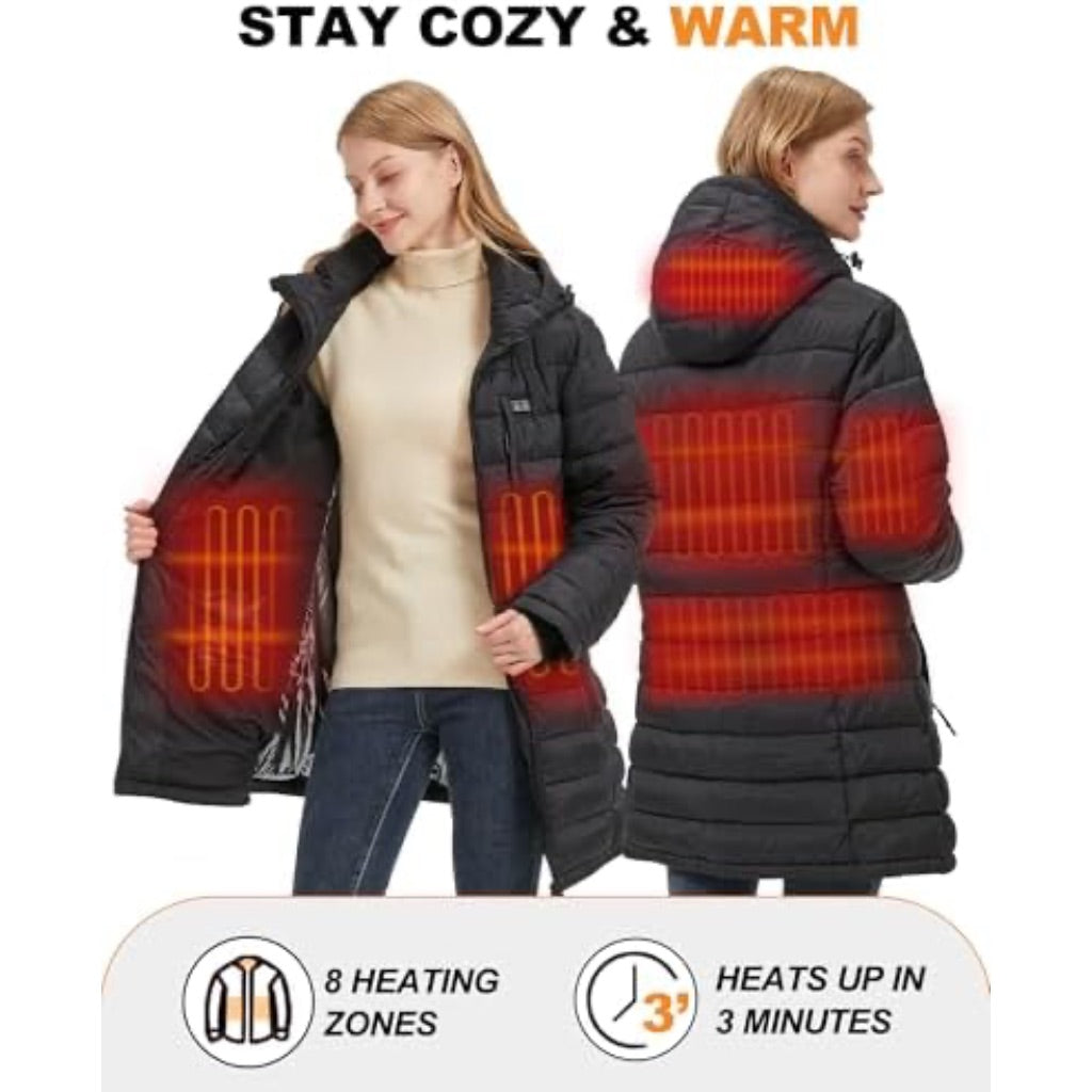 Women's Heated Jacket with Battery Pack, 8 Heating Zones, Slim Fit, Detachable Hood - Black, Size Small