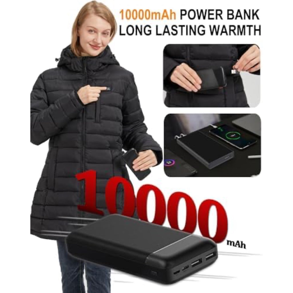 Women's Heated Jacket with Battery Pack, 8 Heating Zones, Slim Fit, Detachable Hood - Black, Size Small