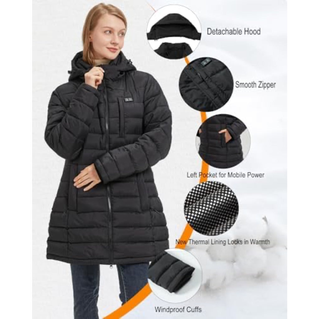 Women's Heated Jacket with Battery Pack, 8 Heating Zones, Slim Fit, Detachable Hood - Black, Size Small