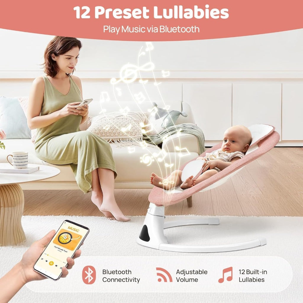 Portable Baby Swing with 5 Speeds, 12 Soothing Melodies, Bluetooth & Remote Control - Pink