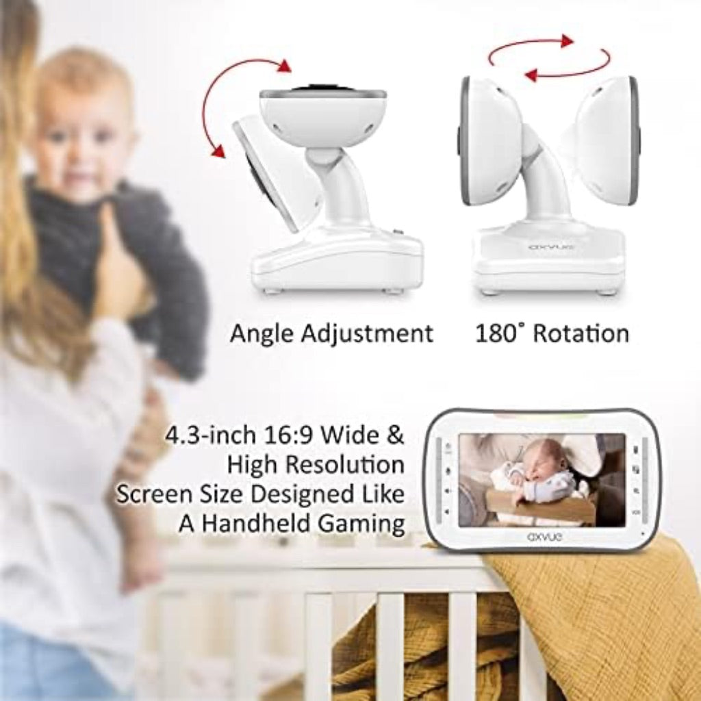 Axvue Video Baby Monitor 4.3" LCD Screen + 2 Cameras, 2-Way Audio, Rechargeable