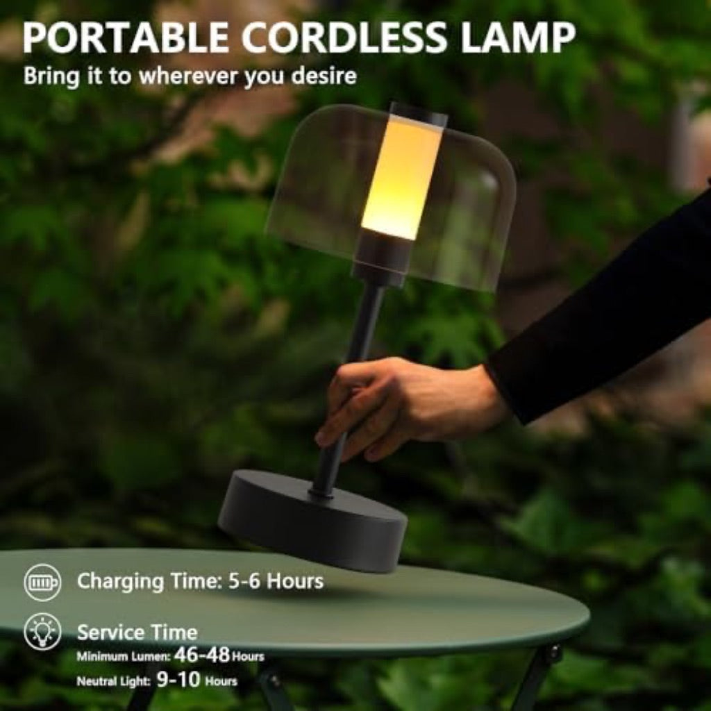 Rechargeable Cordless Table Lamp with LED Bulb, 3 Color Stepless Dimming - Black