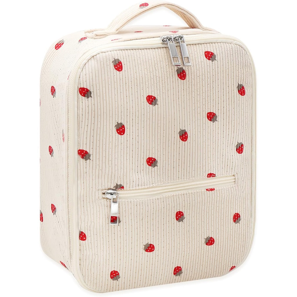 Leakproof Thermal Lunch Tote Bag, Large Capacity - Beige Corduroy Strawberry