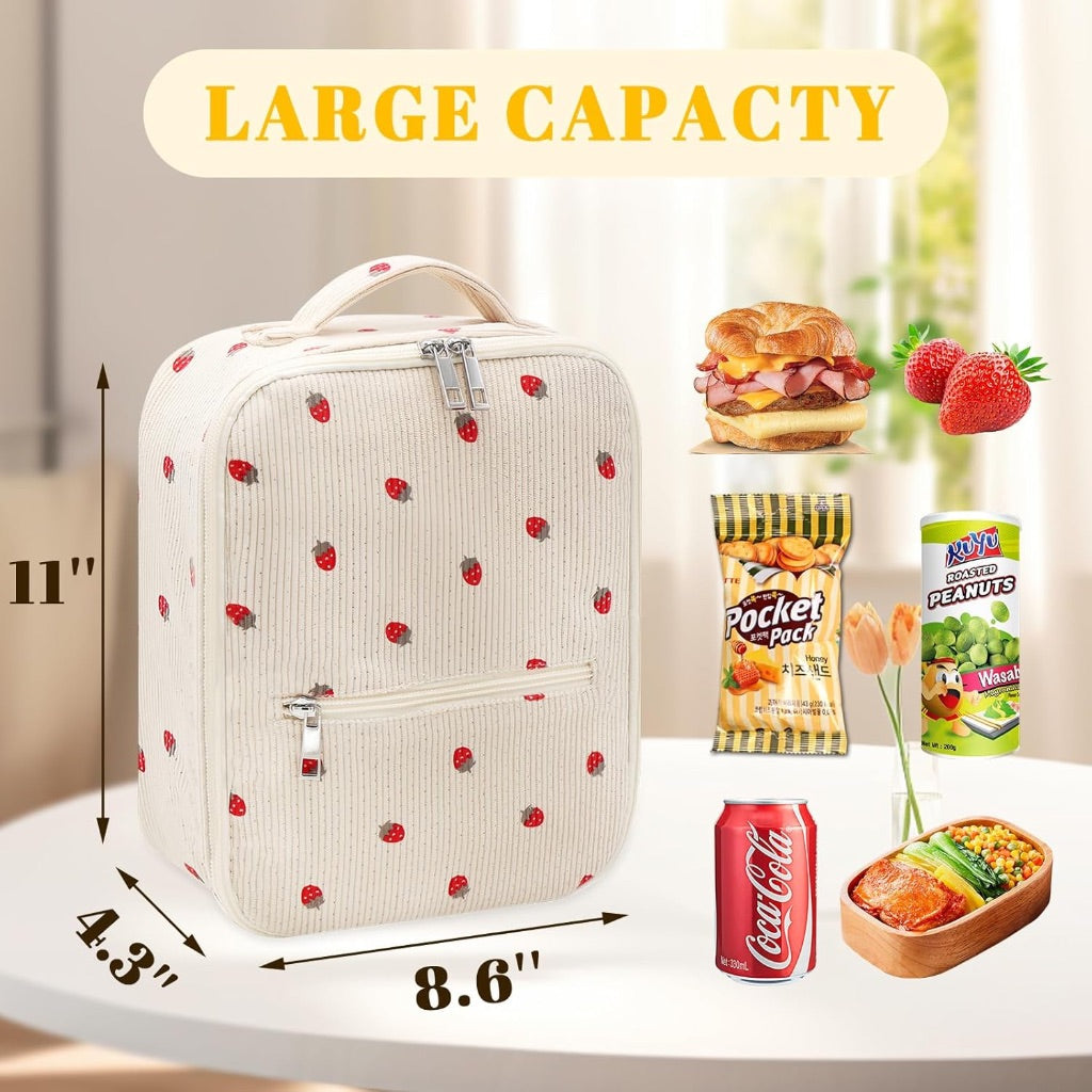 Leakproof Thermal Lunch Tote Bag, Large Capacity - Beige Corduroy Strawberry